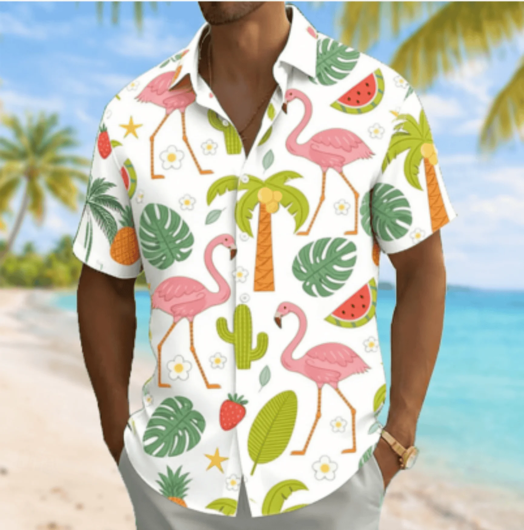 

Men's Flamingo & Fruit Plant Print Short Sleeve Shirt, Spring Summer Fun Vacation Turn-Down Collar Blouse, Loose Casual Top