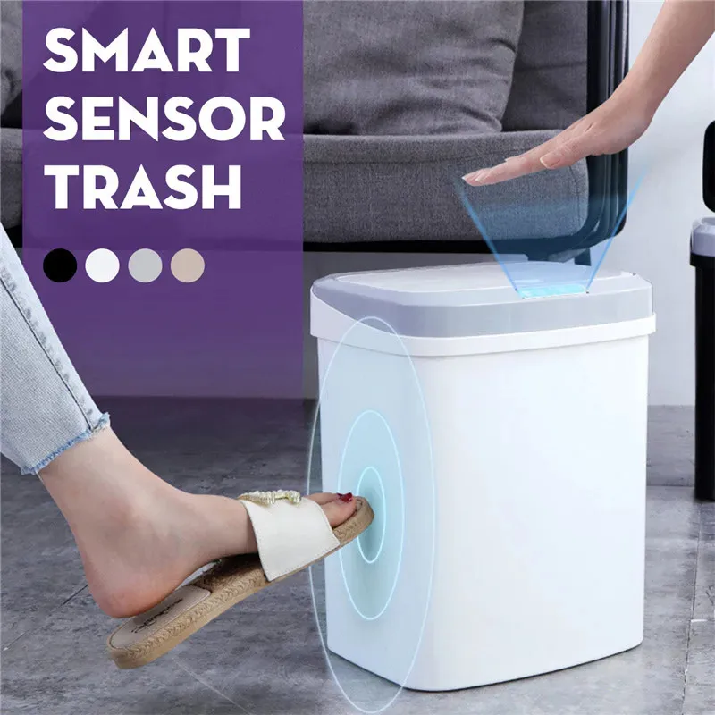 

Home Intelligent Induction Smart Waste Bins Bathroom Kitchen Auto Sensor Rubbish Can Waterproof with Lid Electric Trash 16L