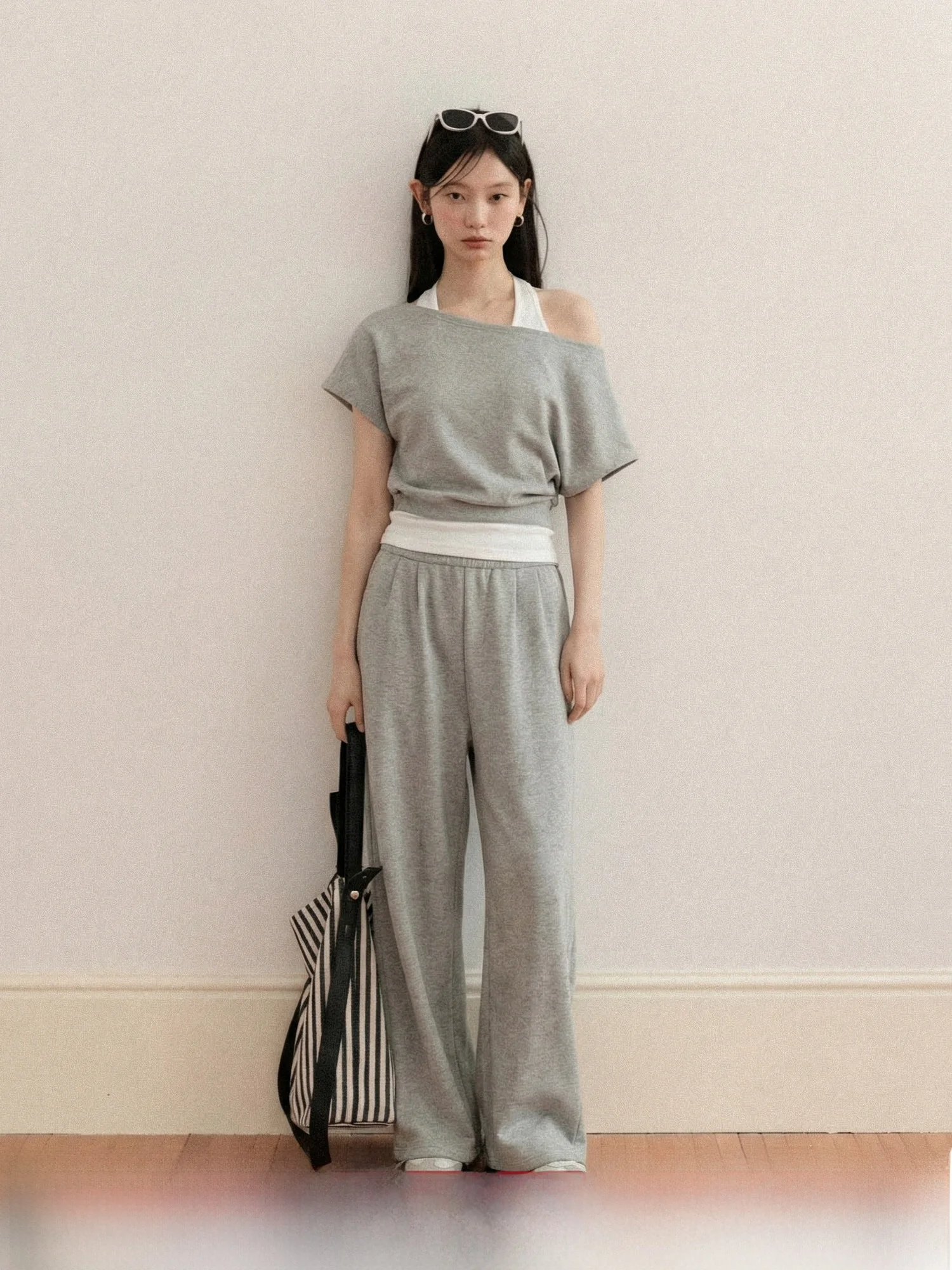 

Gray Asymmetrical Shoulder Short Sleeve T-Shirt Women's Spring Summer Casual Style Slim Fit High Waist Breathable Skin-Friendly