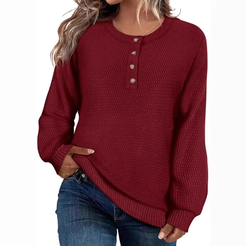 

Pure Color Button Long Sleeve round Neck Knitted Sweater Women's Top Cross-Border Autumn Winter New Style Knitted Pullover