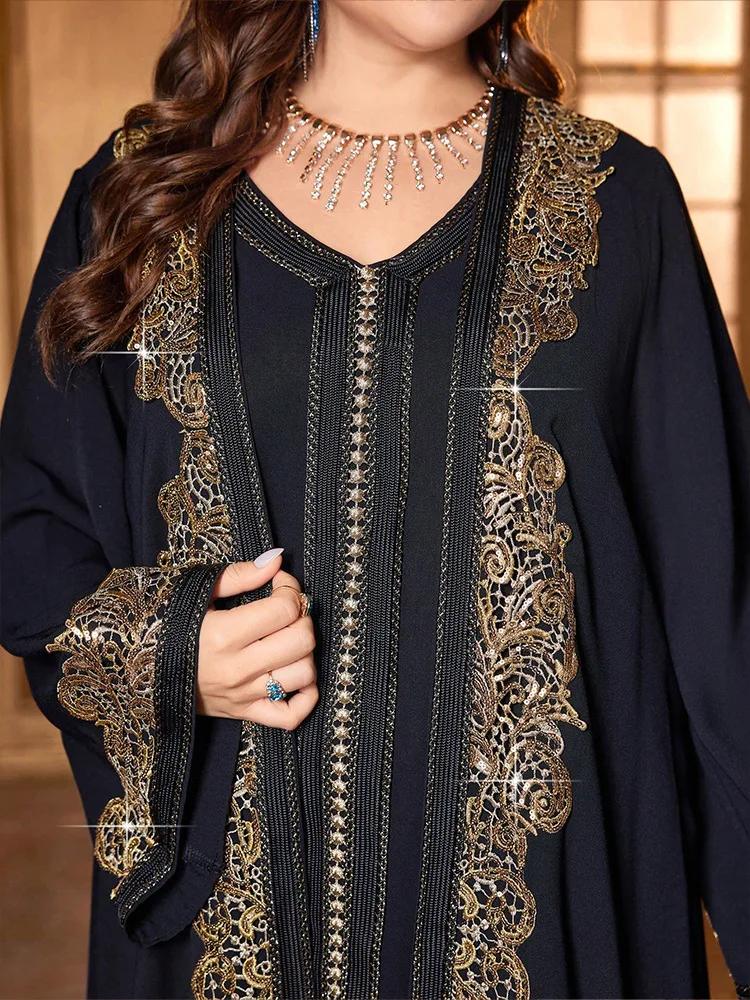 

Элегантное длинное пальто с пайетками больших размеров и подходящие платья Мусульманские комплекты для женщин Дубай Абая Кимоно Кардиган Kebaya Кафтан Кафтан