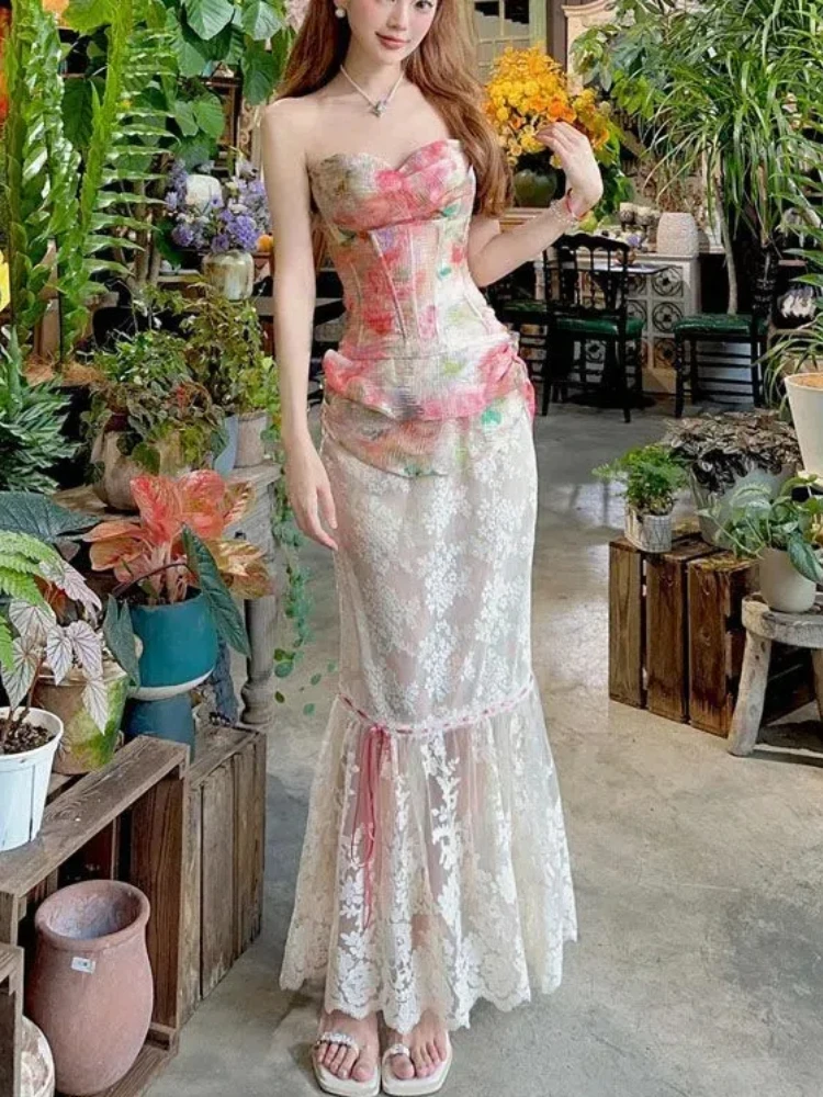 

Summer Women Two Piece Set Floral Corset Top and Lace Midi Skirt Elegant Mesh Outfit Slim Fit Vintage French Style Beach Suit