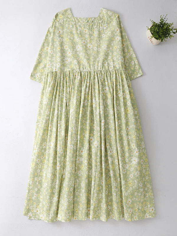Green Floral Cotton Linen Dress Women's Spring Summer Loose Slimming Mid-Length A-Line Skirt Casual Style Loose Waist
