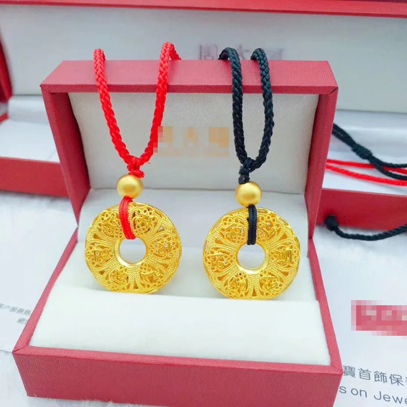 9999 24K Real Gold Hollow Out Six Character Motto Safety Buckle Necklace Antique Couple Style Handmade Rope Chain Vintage Gift