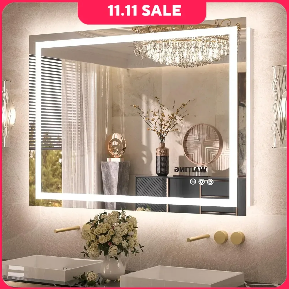 

40x32 Bathroom Mirror, Frontlit & Backlit Lighted Vanity Mirror, Anti Fog Dimmable 3 Colors Double Lights, Wall-Mounted Mirror