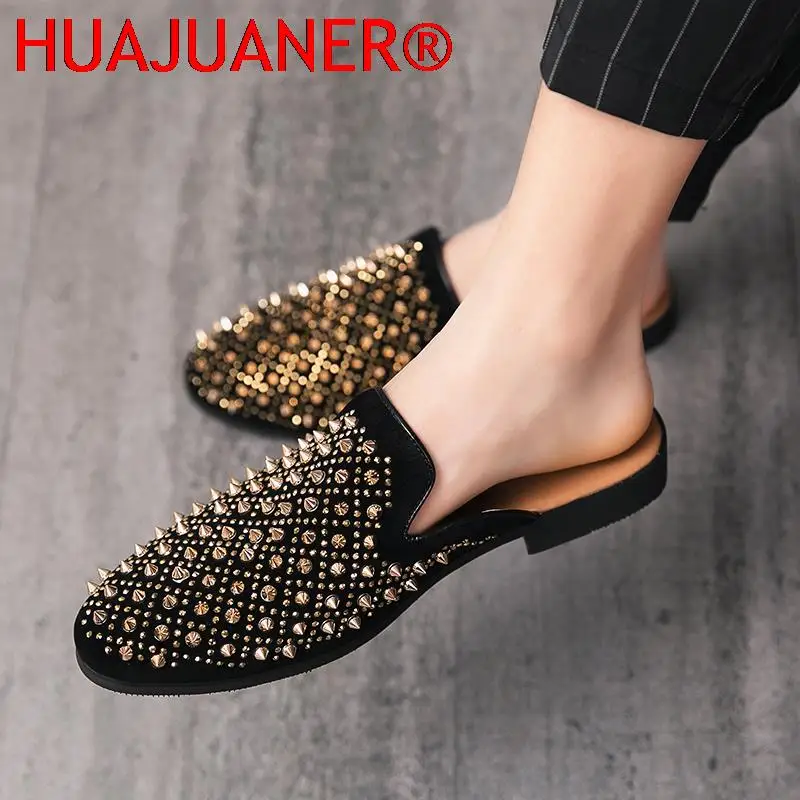 New Shiny Gold Spiked Rivets Slippers Men Casual Shoes Punk Heavy Metal Fashion Dress Shoes Men Flats Slip On Half Shoes For Men