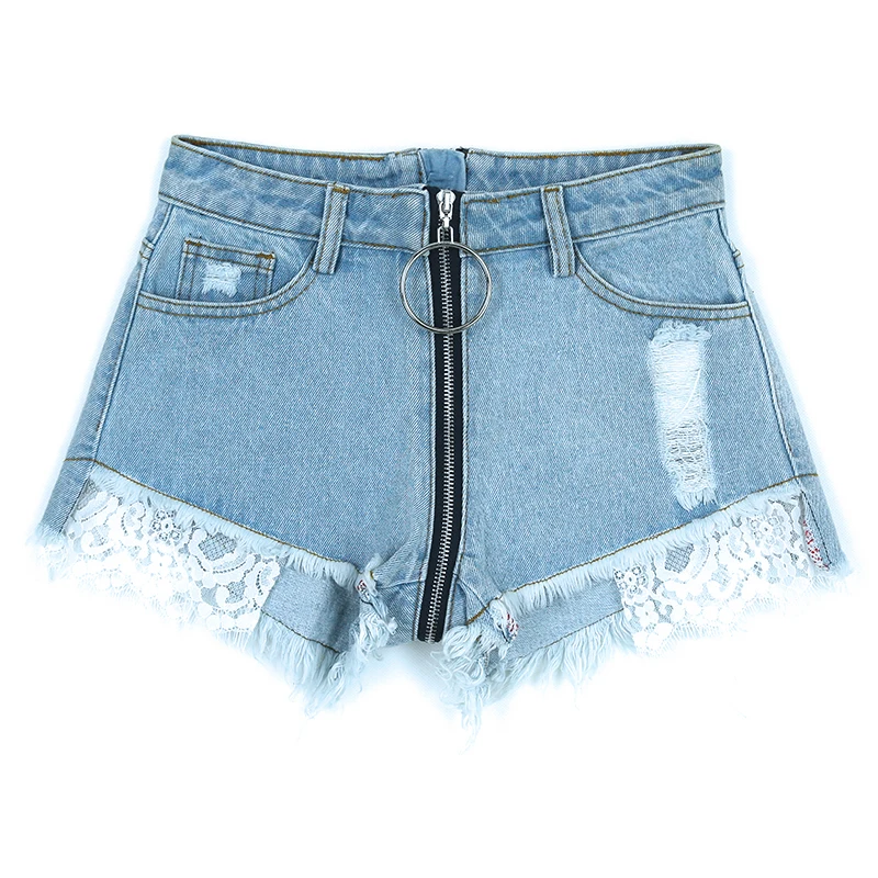 Front And Back Zipped Women Denim Shorts Fashion High Waist Ripped Short Jeans Female Sexy Club Lace Hole Shorts Ins Summer 2023