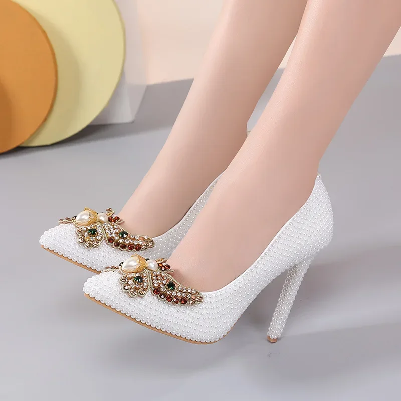 Classic women's luxury pearl wedding shoes new butterfly bow high-heeled sandals slim heels pointed toes perfect high heels