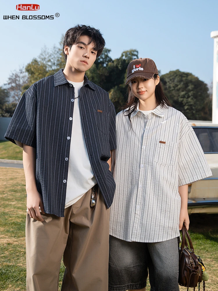 American Vintage Casual Cotton Striped Short Sleeve Shirt Lapel Wrinkled Design Unisex Couple Summer Trendy Oversized Shirt Coat