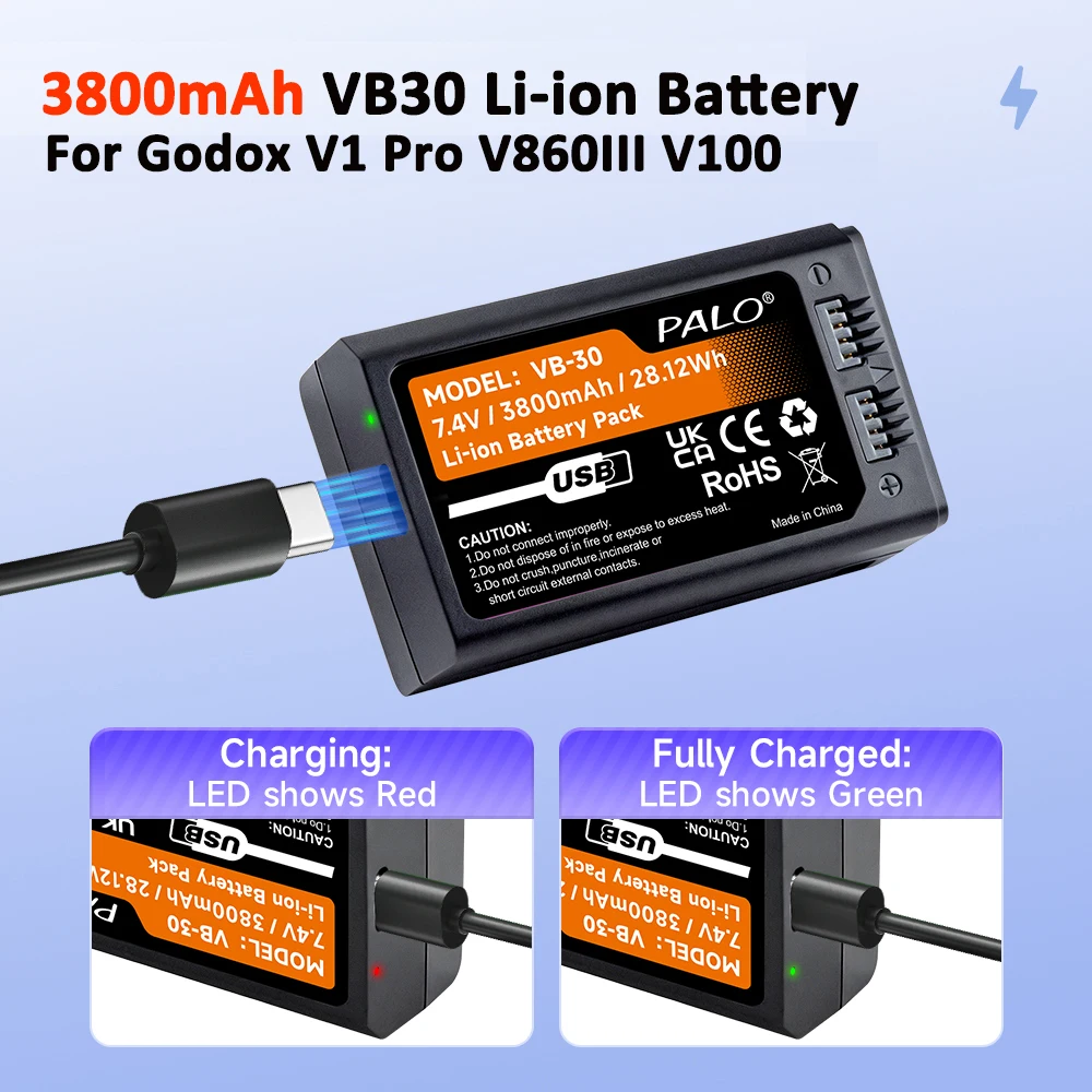 3800mAh VB30 Wiederaufladbare Lithium-Batterie mit USB-C Schnellladefunktion für Godox V1PRO V100 V1 PRO V806III Kamera Speedlite Blitzbatterie