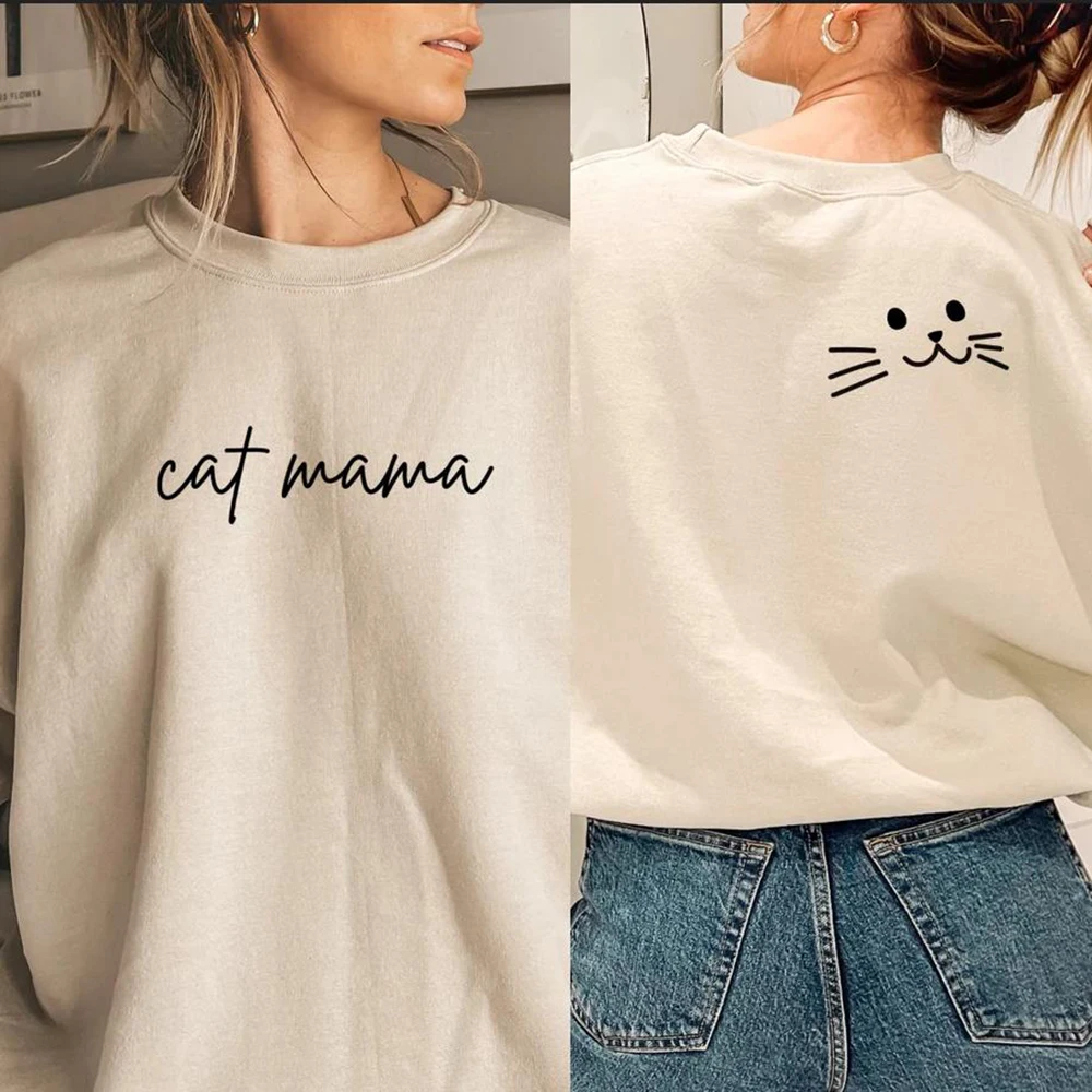 Cute Cat Mama Sweatshirt Women Cat Lover Pullover Funny Front and Back Print Sweater Cat Mom Hoodie Mother's Day Sweatshirts