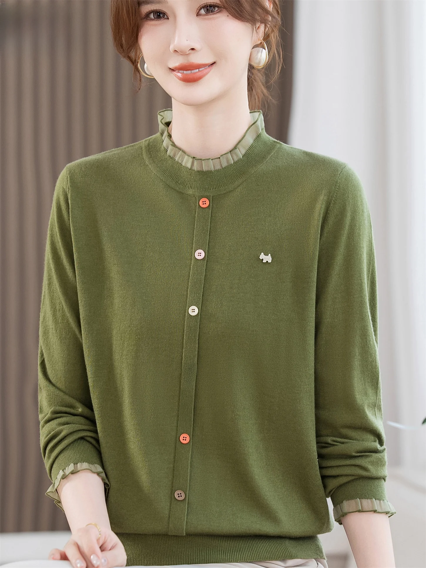 

Модный вязаный шерстяной свитер для женщин среднего и лет с дизайном на пуговицах и деревом ain Bot irt Sle