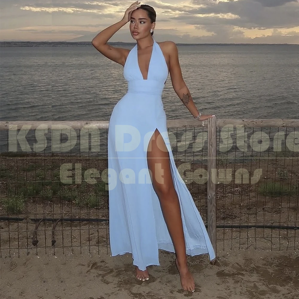 

Simple Blue Prom Dresses 2025 Halter Sleeveless Split Ankle-Length Sexy Beach Party Gowns Special Occasion Customzied Dress