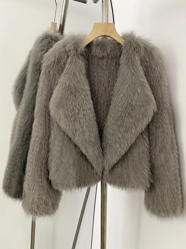 سترة نسائية فاخرة قصيرة من فرو الثعلب الطبيعي 2025 جديد لخريف وشتاء ملابس علوية دافئة معطف نسائي سميك منفوش من الفرو الحقيقي #5