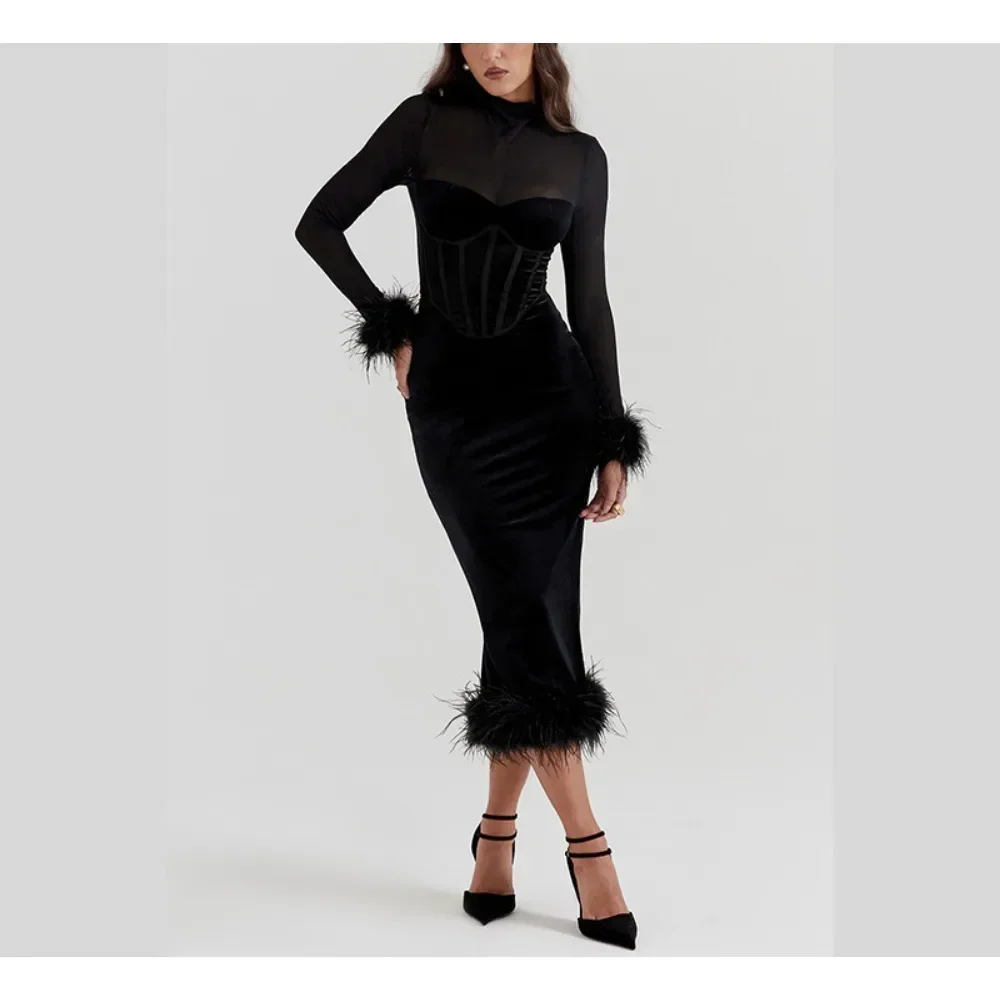 TWOTWINSTYLE Solid Spliced Feather Slimming Dresses for Women O Neck Long Sleeve High Waist Chic Dress Female New