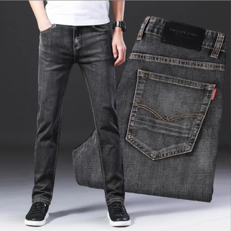 2024 New Men's Stretch Regular Fit Jeans Business Casual Classic Style Fashion Denim Trousers Male Black Blue Gray Pants