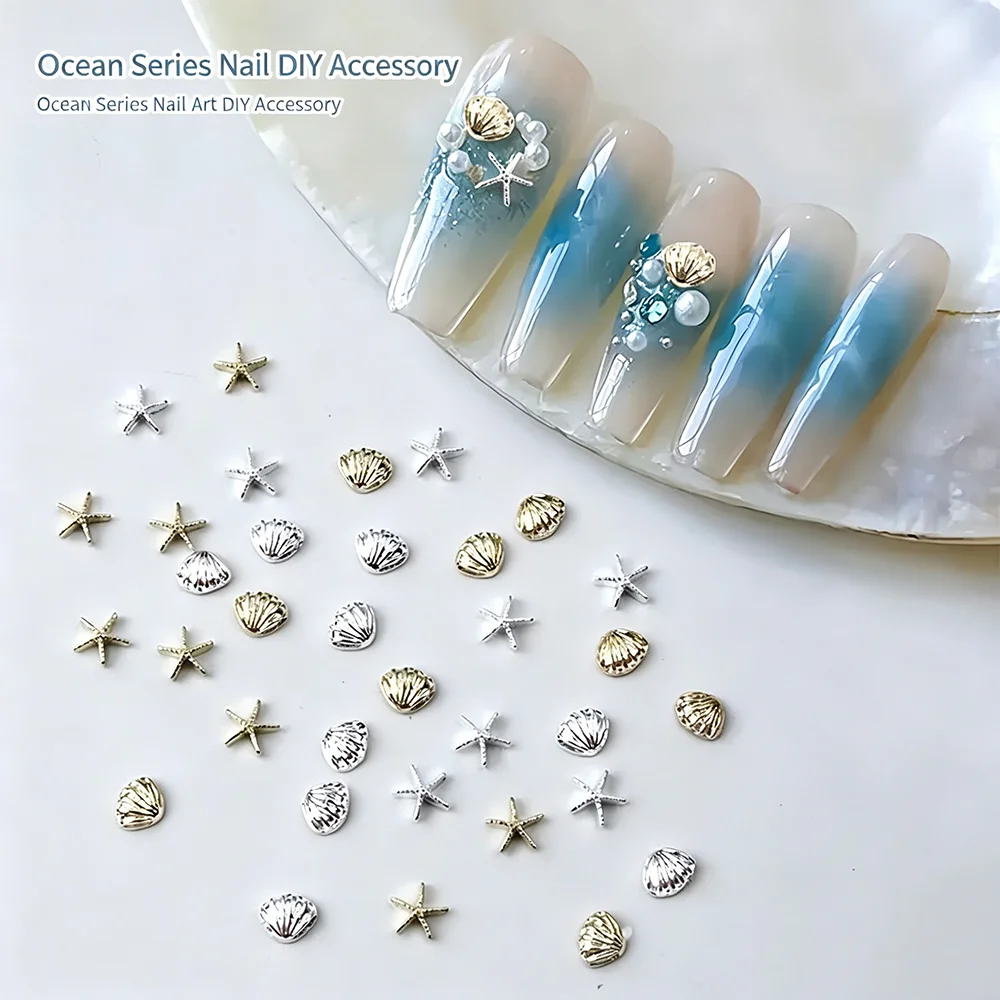 100Pcs Japanese Ocean Breeze Nail Charms Seashell & Starfish Alloy Nail Art Solid Color Press-On Nail Decor for Summer Manicures