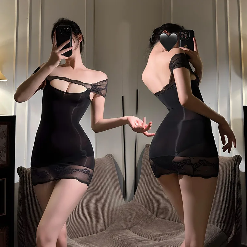 فستان جوارب لامعة زيتية شفافة فستان شفاف على الصدر للنساء مثير بحافة من الدانتيل رفيعة للغاية تنورة قصيرة ملابس داخلية مثيرة #3