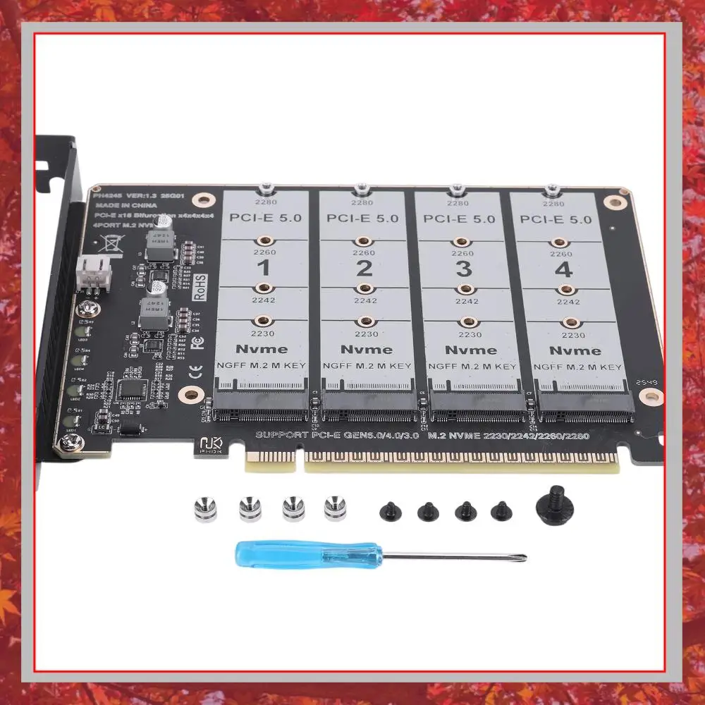 Tarjeta adaptadora PCIe 5.0 x16 a 4 puertos M.2 NVMe SSD, tarjeta de expansión de bifurcación PCIe, compatible con SSD M-Key para PC, estación de trabajo, servidor