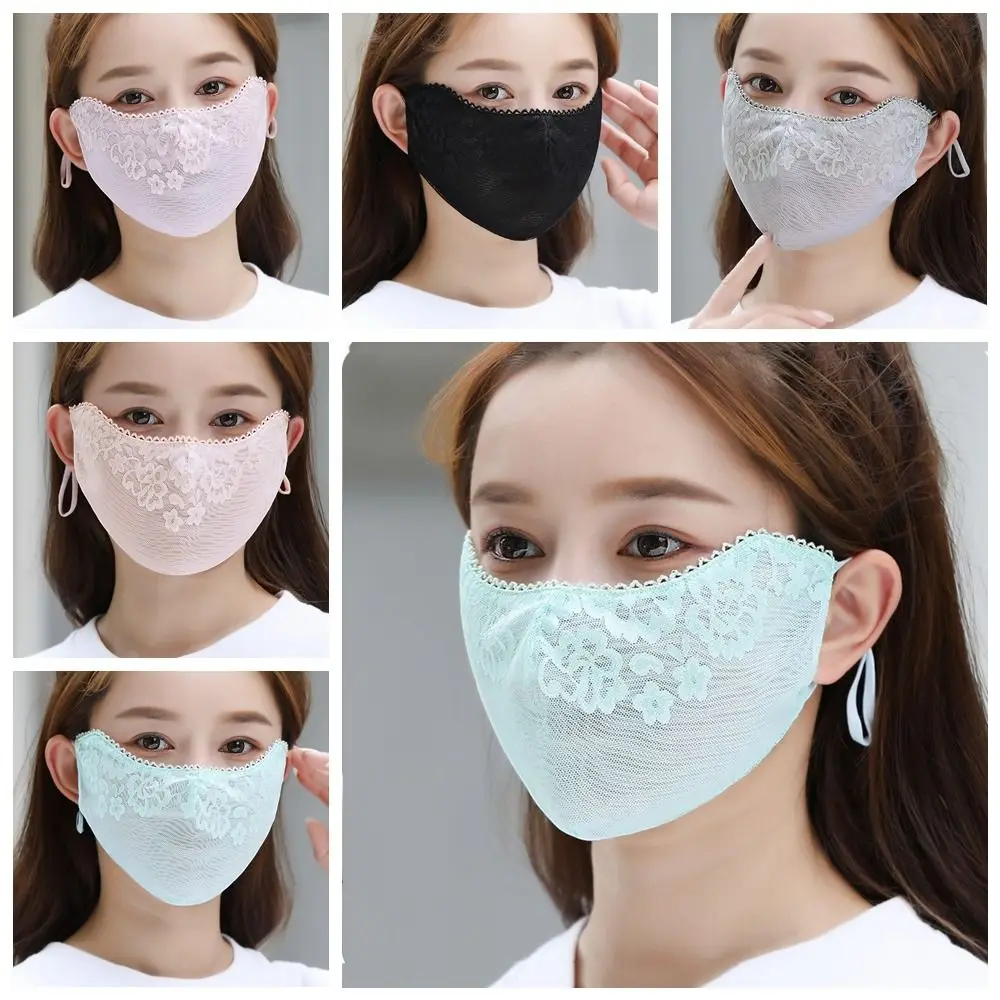 Thin Solid Color Sunscreen Lace Mask Flower Sunshade Sunscreen Face Cover Hanging Ear UV Protection UV Protection Mask Women