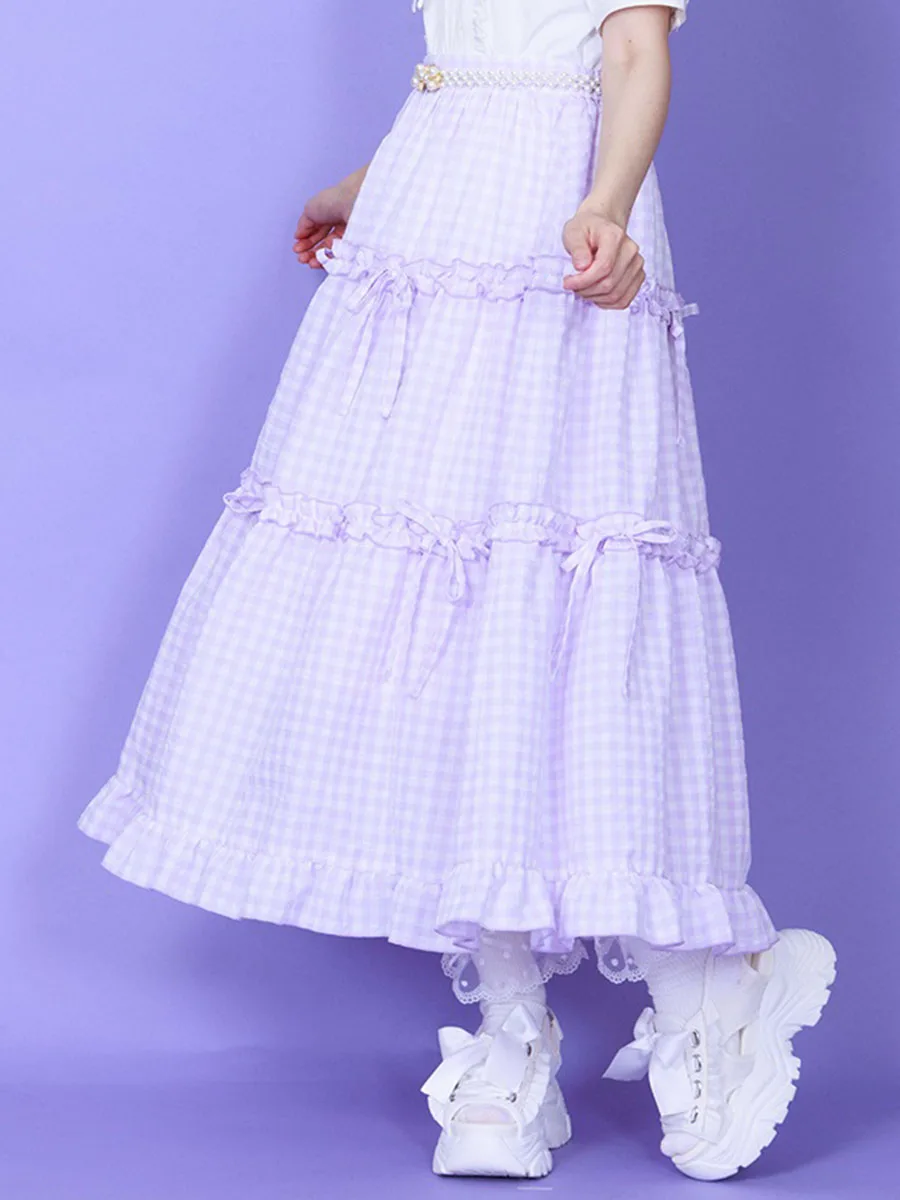 Słodka japońska spódnica w kratę z kokardą i wzorem ciasta, spódnica midi w kształcie litery A z średnim stanem dla młodych kobiet, Axes Femme