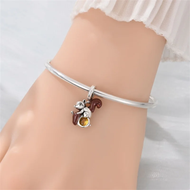 925 Sterling Silver Autumn Squirrel Charms Pendant Fit Original Bracelet DIY Women Party Jewelry Gift