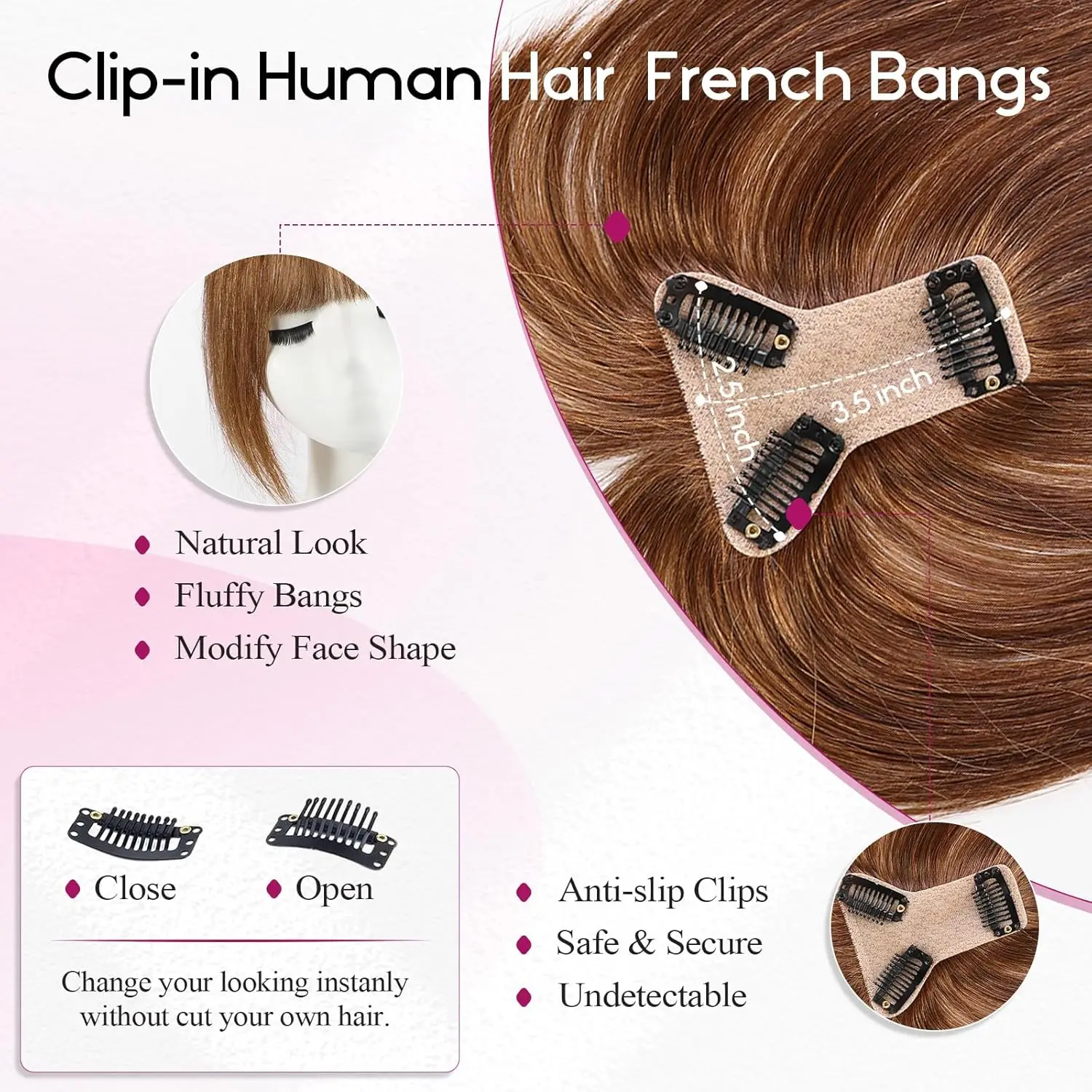 100% Remy Human Hair Bangs Hair Clip with 3 Secure Clips 360°Cover Top Hair Pieces with Wispy Fringes for Women 10 Inch Auburn
