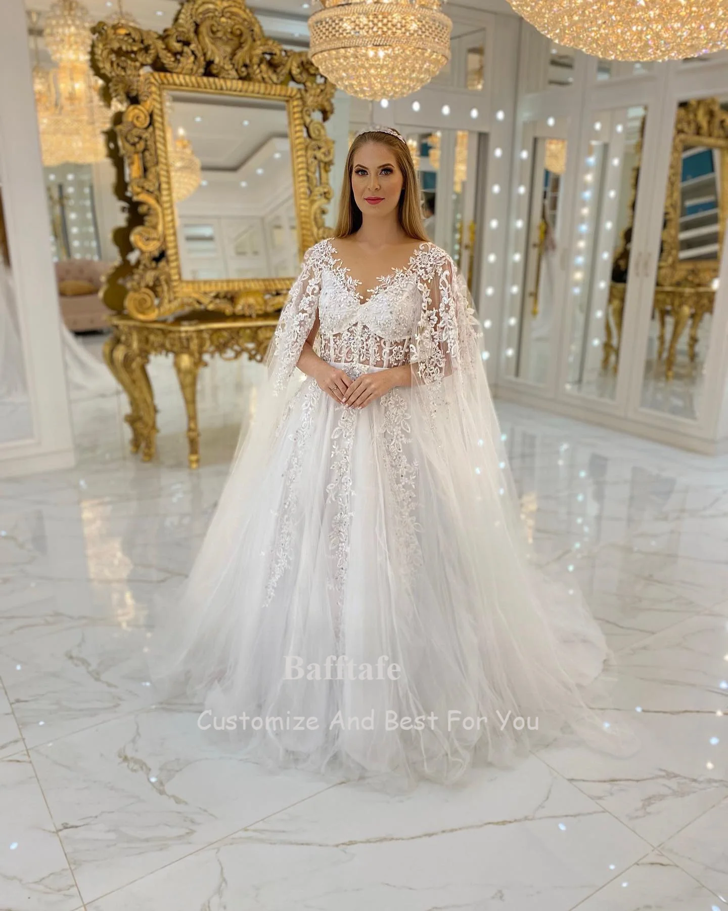 Bafftafe A Line Appliques Lace Bride Wedding Dresses Nude Scoop Formal Bridal Gowns Special Occasion Gowns Wedding Party Dress