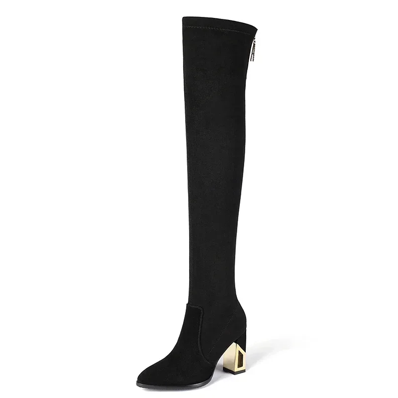 2024 Fashion Shoes for Women Zipper Women\'s Boots Winter Pointed Toe Suede Solid High Leg Over Knee Chunky Heels Socks Boots