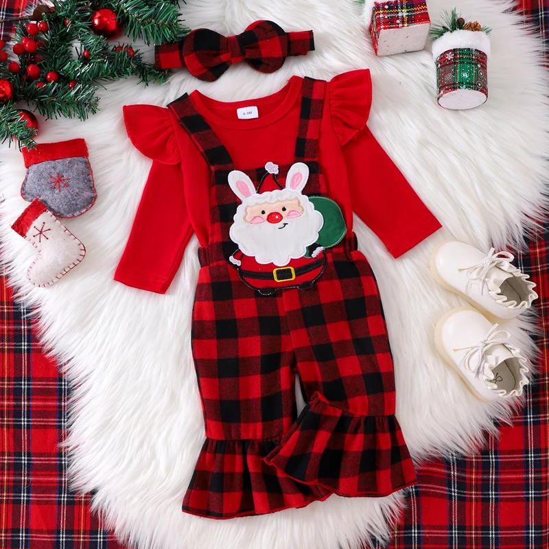 

Toddler Infant Baby Girl 3Pcs Outfit Long Sleeve Romper with Plaid Santa Claus Overall Pants Headband Christmas Costume