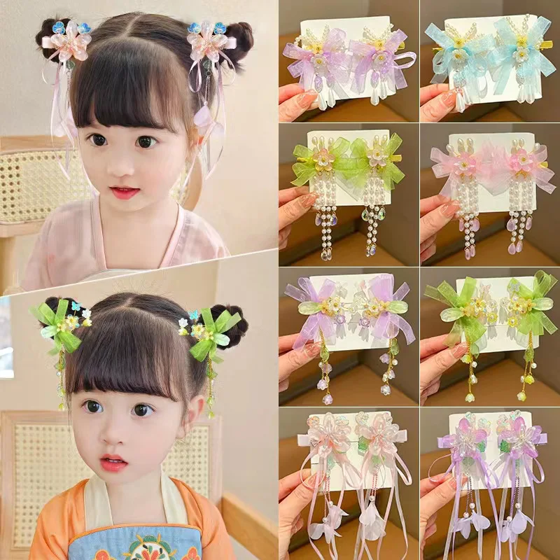 Vintage Chinese Organza Ribbon Bow Tassel Hairpins Hairgrips Butterfly Flower Hair Clips for Girls Han Fu Pins Hair Accessories