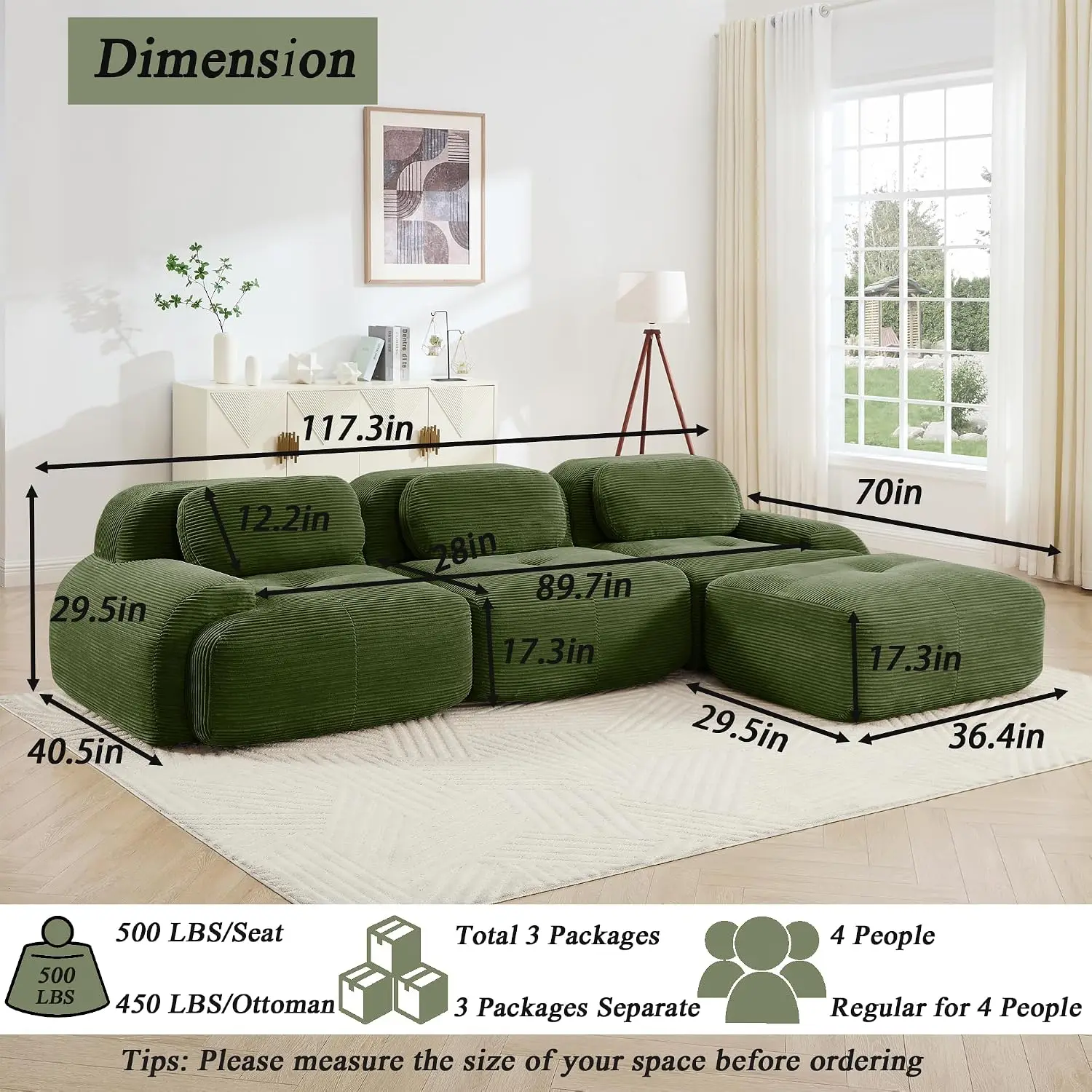 Modular Sectional Sofa Cloud Couch, Oversized L Shaped Deep Seat With Ottoman, Corduroy Green, No Assembly , Customized