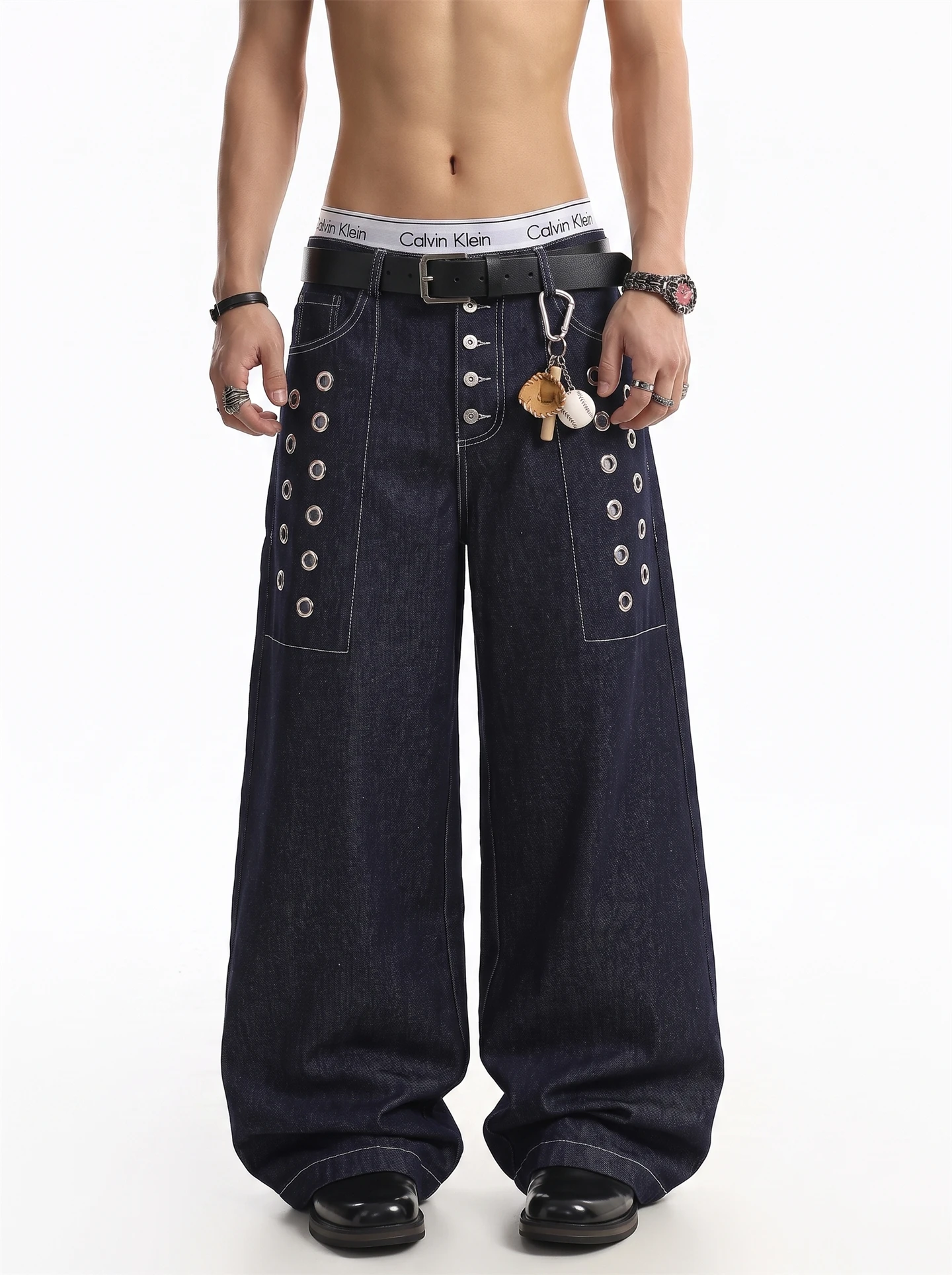 American High Street Spliced Plaid Hollow Rivet Button Subculture Loose Wide Leg Original Denim Men's Jeans Youth Trend