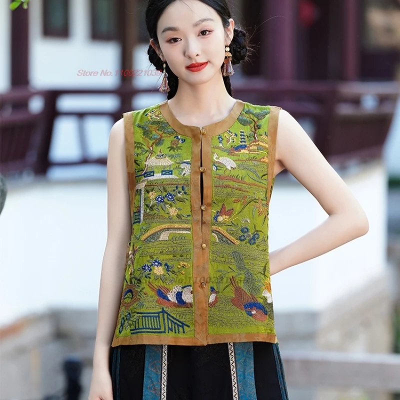 2025 الوطنية زهرة التطريز الساتان الجاكار س الرقبة سترة سترة الشعبية التقليدية الرجعية hanfu القمم الصينية جاكيت بلا إكمام