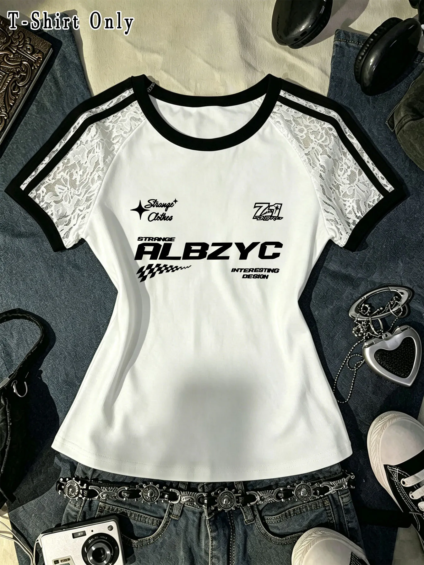 Women's white short-sleeved T-shirt with lace trim on the sleeves and embroidered cross pattern.