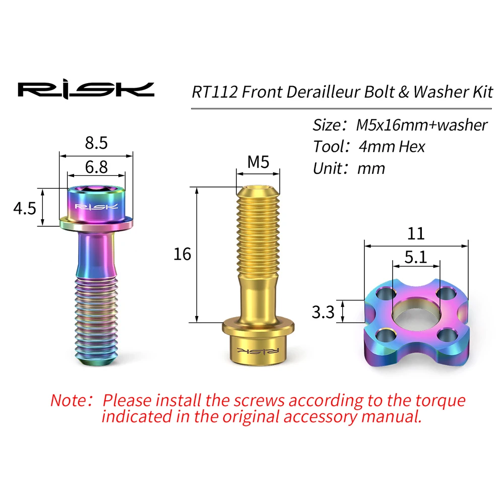RISK Road Bike Bicycle Front Derailleur Shift Bolt Screw Washer M5x16mm Titanium Alloy Curved Spacer Folding Bike
