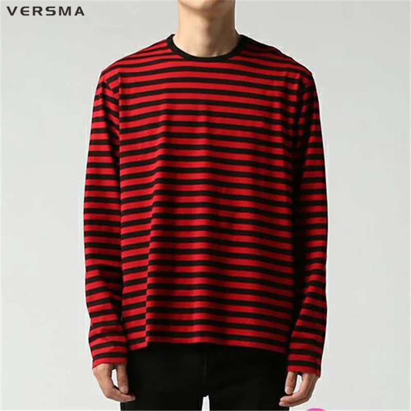 VERSMA Korean Ulzzang Harajuku Black White Striped T-shirt Men Unisex Oversized Long Sleeve Couple Tee Shirts Women Dropshipping