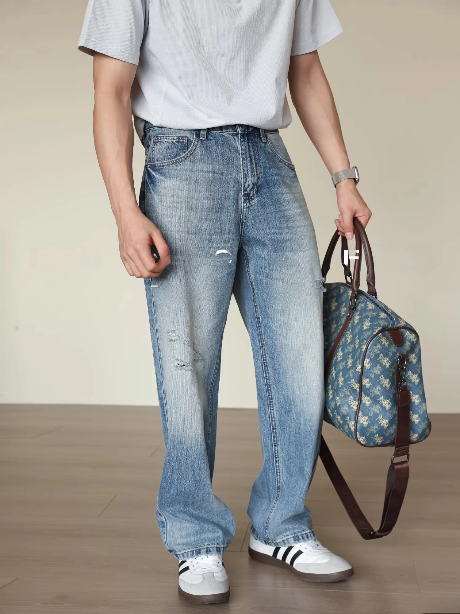 

Handmade Large Size Cream Blue Men's Jeans Spring Autumn Vintage Straight Leg Torn Washed Denim Pants Casual Comfortable Fit