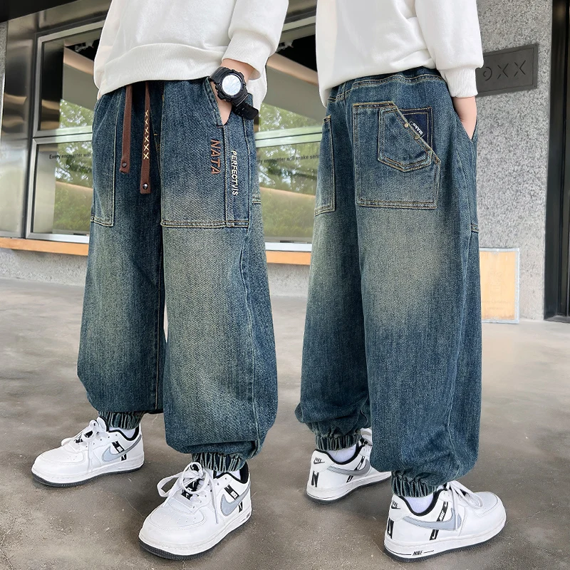 

Luxury Kids Designer High Quality Jeans with Cuffs for Teenage Boy Fashion Causal Drawstring Denim Pants Children Jeans Trousers