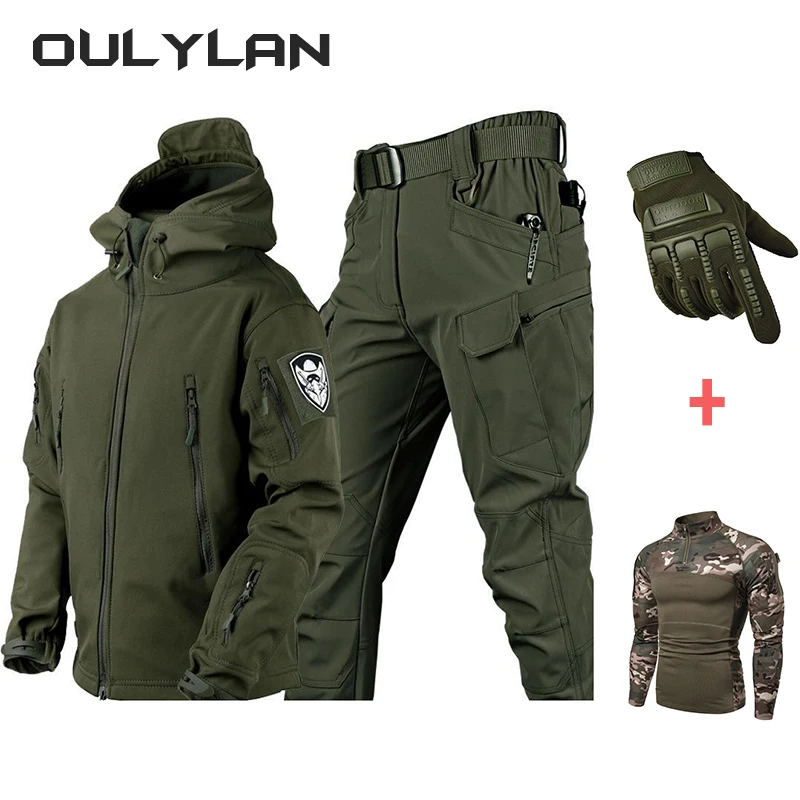 Men\'s Tactical Set Warm Shark Skin Set 2024 Outdoor Mountaineering Suit Gloves Jacket T-shirt Pants Set for Spring Autumn Winter