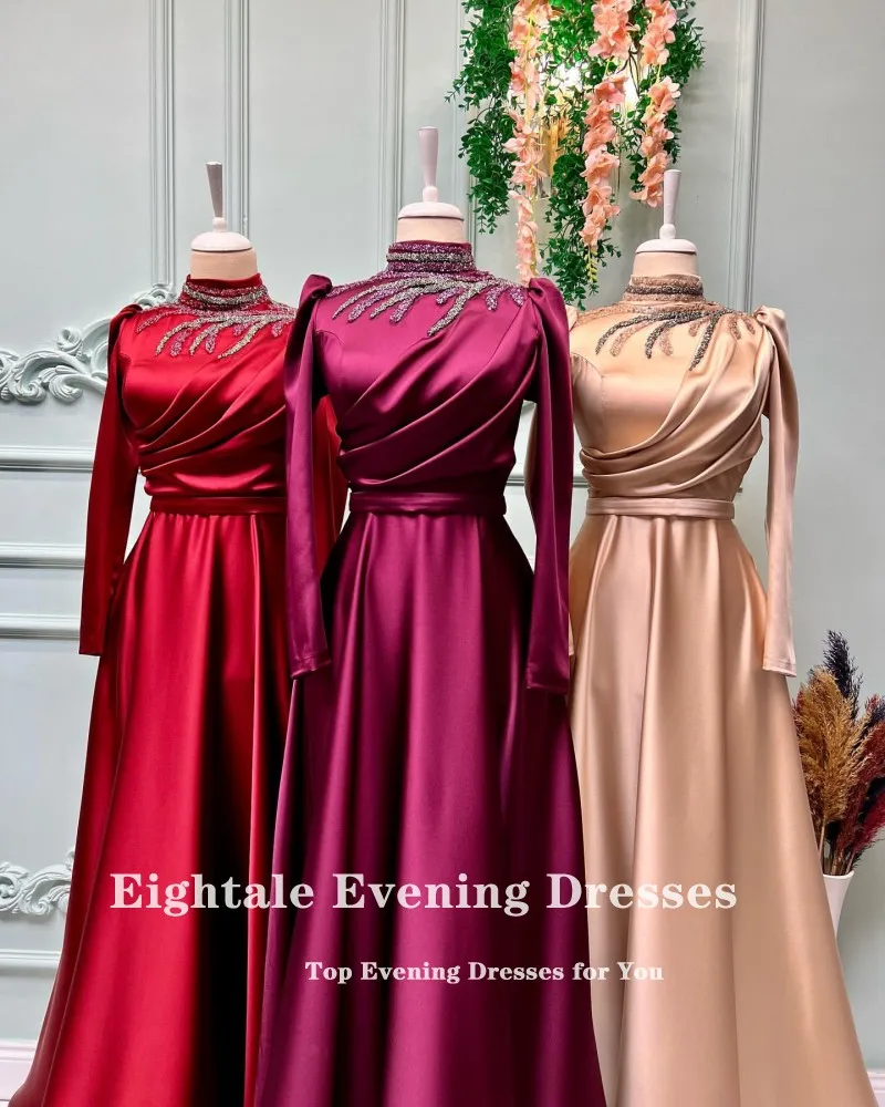 Eightale Arabic Evening Dress High Neck Long Sleeves Satin A-Line Musilim Prom Gown Women Party Dress Dubai robe de soiree