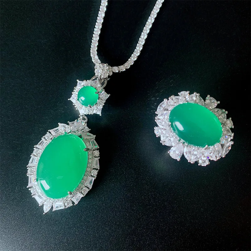 

New fashion S925 silver inlaid 5A zircon ladies temperament personality emerald green chalcedony suit