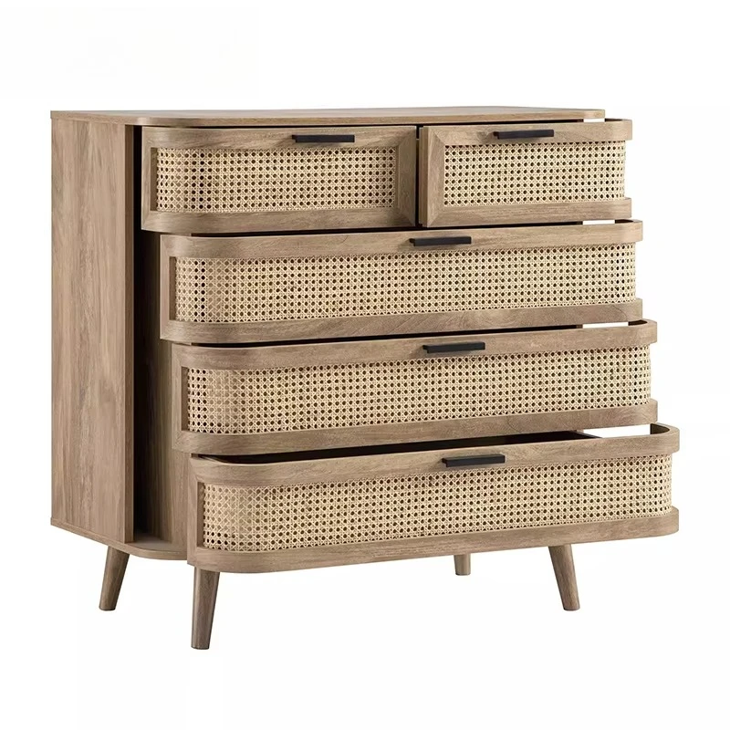 Neoclassical retro solid wood rattan bedside table retro decorative cabinet bedroom five drawers storage