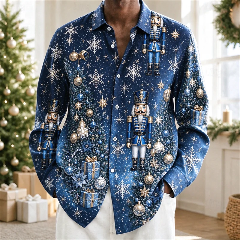 New Men's Shirt with Black Satin, Santa Claus, Deer, Christmas Tree, Peony, Red Fruit, Gold Frame Printed Shirt