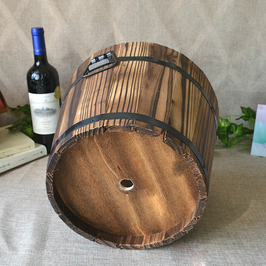 Set Of 2 Rustic Wood Bucket Barrel Whiskey Flower Garden Decoration Planters Pot with Handle for Home flower pot