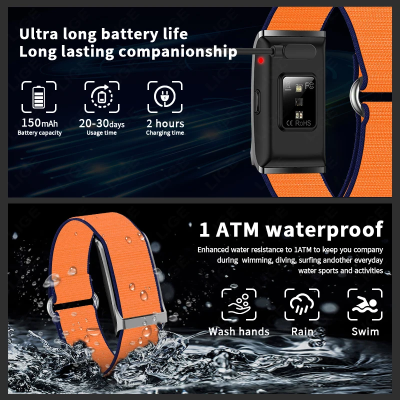 LIGE Smartband Nylon Smart Bracelet Heart Rate Health Monitor Pedometer Sports Fitness Tracker for Men Women Electronic Bracelet