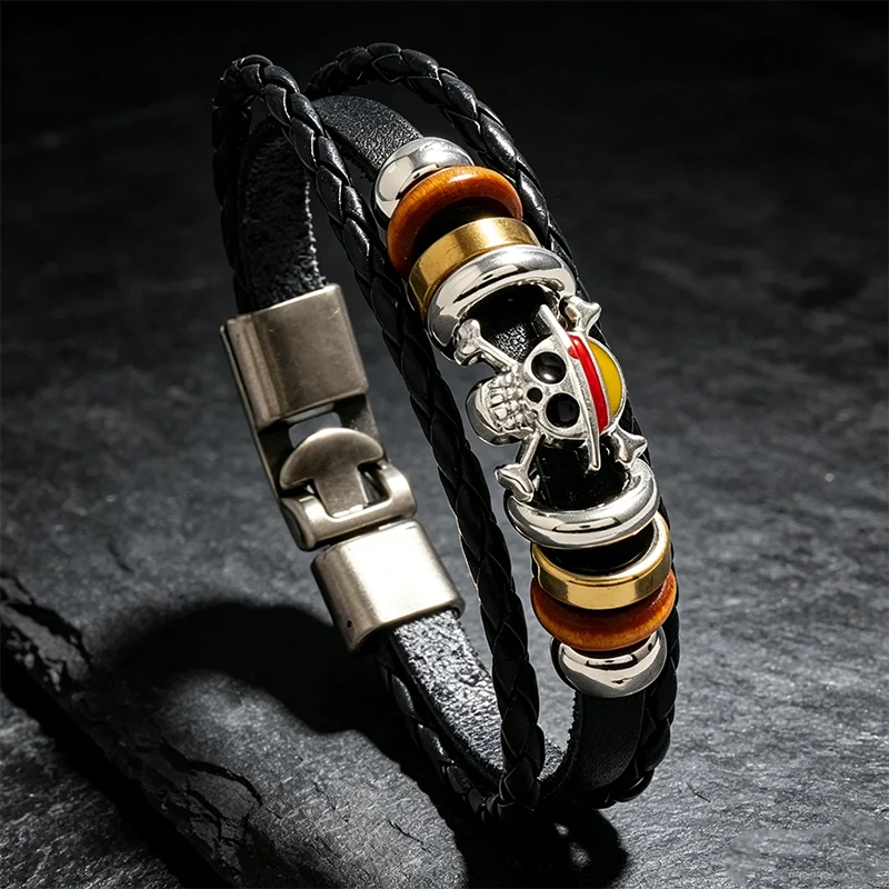 1Pcs  Anime Cartoon  Woven Bracelet Cosplay Accessories Straw Hat Skull Pirate Multilayer Buckle Ring Birthday Gift