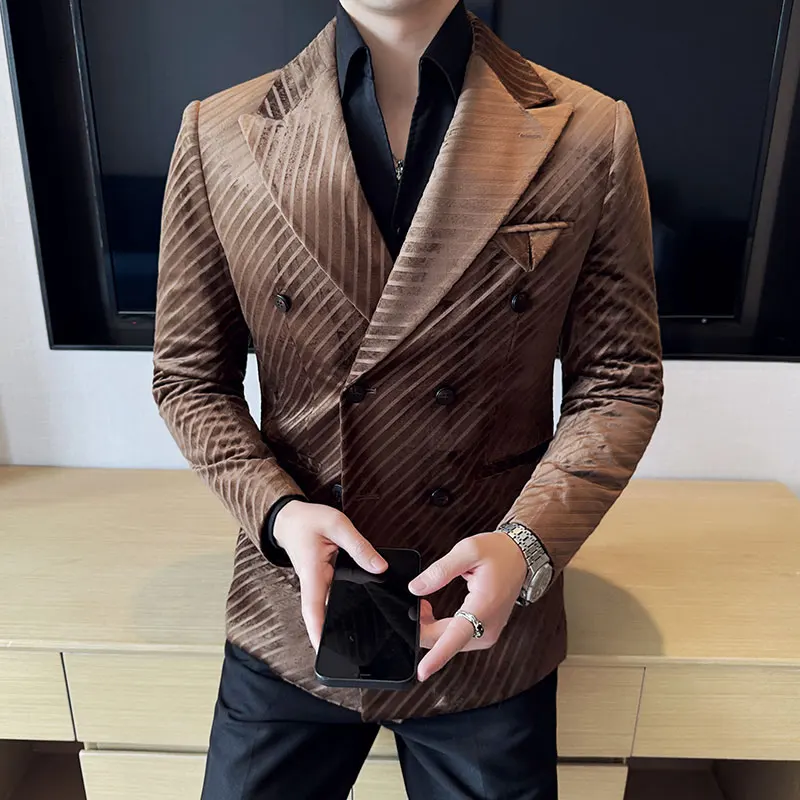 

Двубортный пиджак с имитацией ацетата, мужская одежда, высококачественный корейский элегантный облегающий бархатный саржевый мужской костюм, пальто