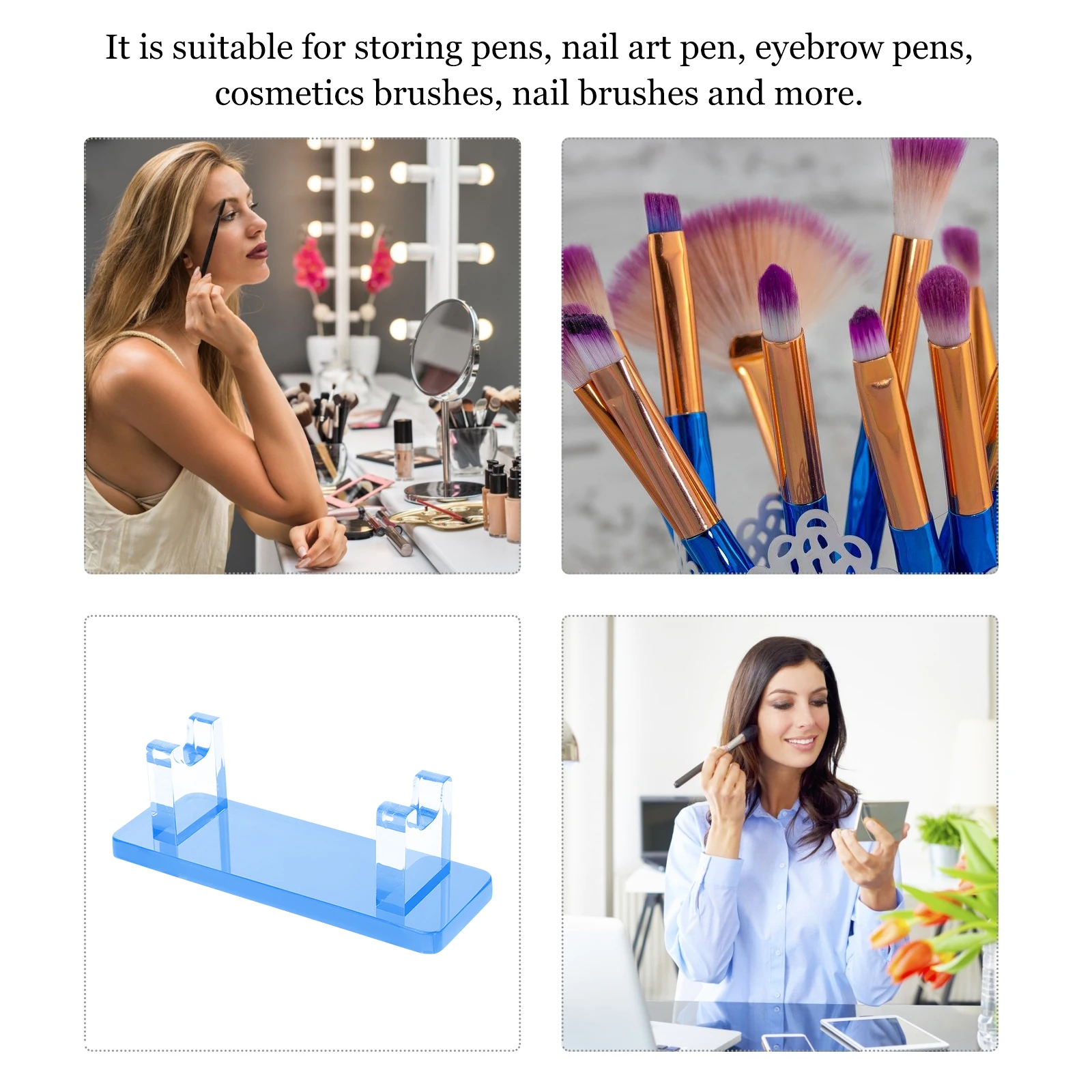 

Acrylic Pen Display Stand Blue Base Pencil Holder Desk Organizer Clear Rack Shelf Makeup Brush Storage Home Office School Nail