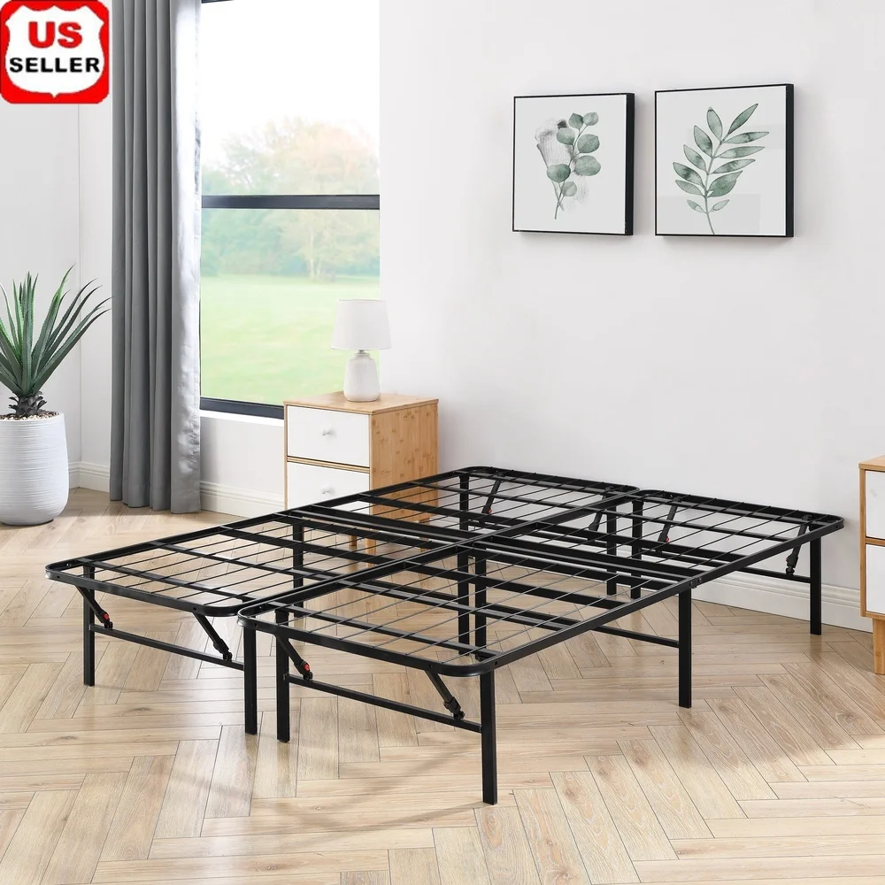 

High Profile Foldable Steel Queen Bed Frame Heavy Duty Sturdy Mattress Support No Box Spring Required Easy Assembly Transport